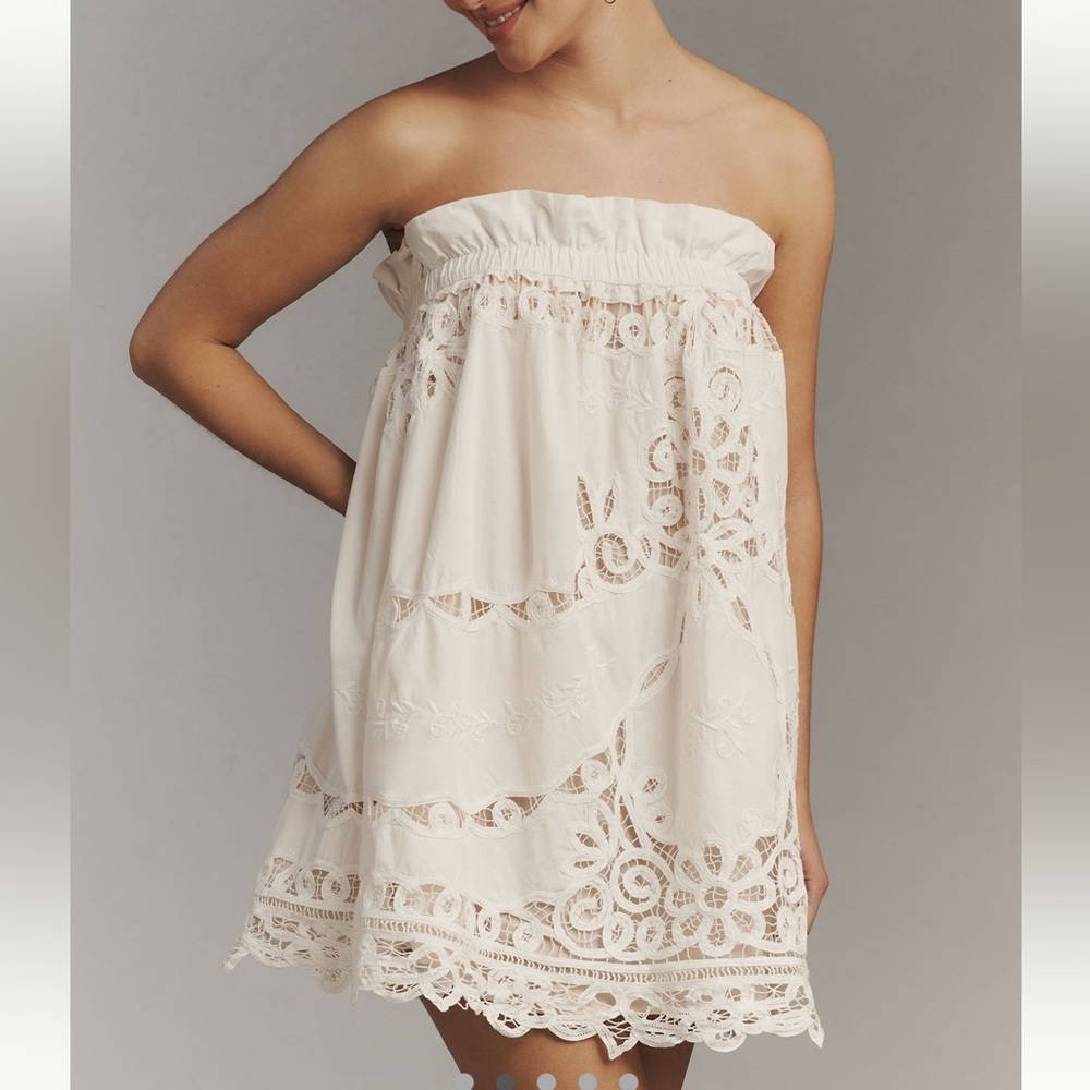Anthropologie by Maeve Strapless Ivory Lace Mini Dress Peach Lining SIZE M NEW - Picture 4 of 7